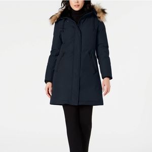 Vince Camuto Womens Hooded Faux-Fur-Trim Down Parka Coat Blue